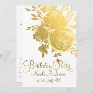 Gold Roses Faux Foil Elegant Floral Birthday Party Invitation