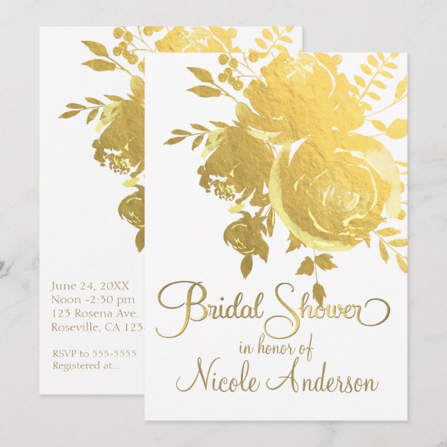 Gold Roses Faux Foil Elegant Floral Bridal Shower Invitation (Front/Back)