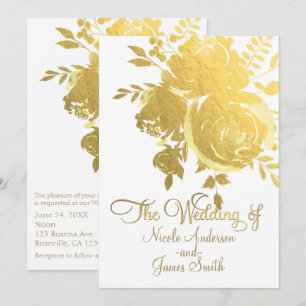 Gold Roses Faux Foil Elegant Modern Floral Wedding Invitation