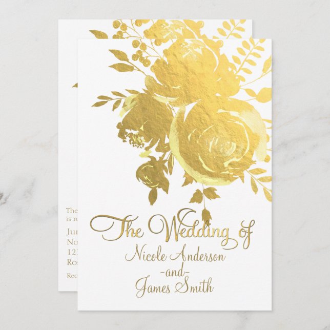 Gold Roses Faux Foil Elegant Modern Floral Wedding Invitation (Front/Back)