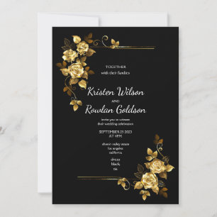 Gold Roses Flowers on Black Invitation