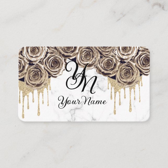 Gold Roses Marble Initial Business Card (Front)