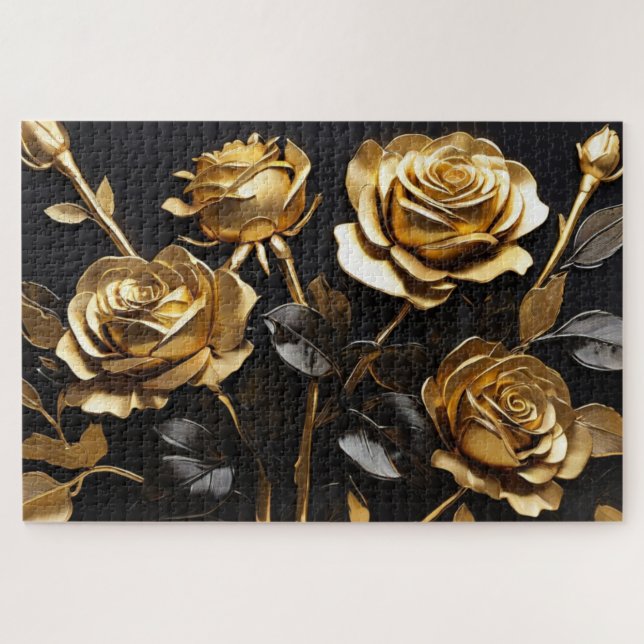 Gold Roses Modern Acrylic Jigsaw Puzzle (Horizontal)