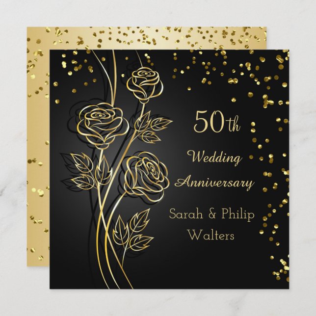 Gold roses on black, confetti 50th Anniversary Invitation (Front/Back)