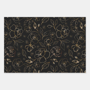Gold roses on black Paper Flat Sheet Set of 3