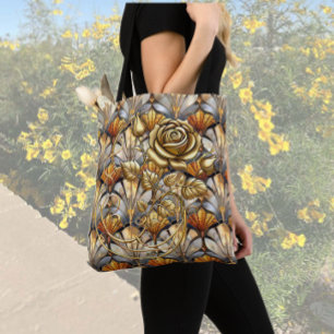 Gold Roses on Pearly Glass Tote Bag