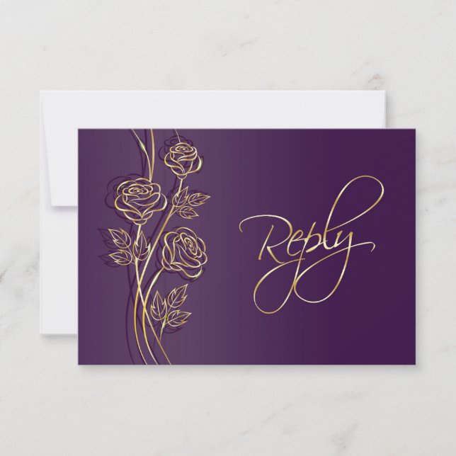 Gold roses on purple Wedding RSVP (Front)