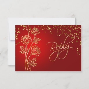 Gold roses on red, confetti Wedding RSVP