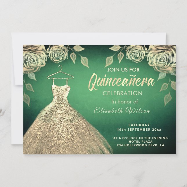 Gold roses sequins gold dress Quinceañera green Invitation (Front)