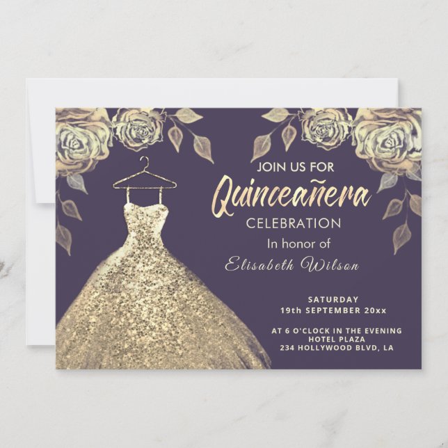 Gold roses sequins gold dress Quinceañera  Invitation (Front)