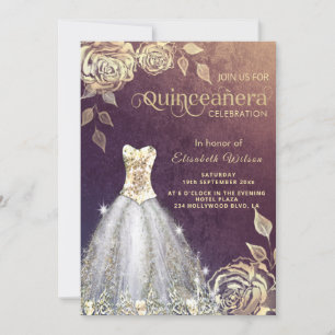 Gold roses trendy gold sequins dress Quinceañera Invitation
