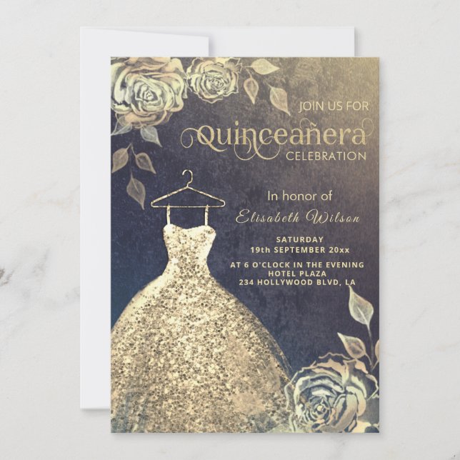 Gold roses trendy gold sequins dress Quinceañera   Invitation (Front)