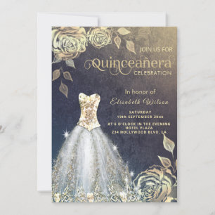 Gold roses trendy gold sequins dress Quinceañera  Invitation