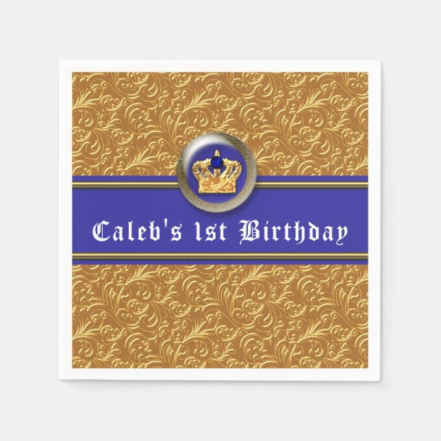 Gold & Royal Blue Crown Birthday Party Cusom Napkin (Front)