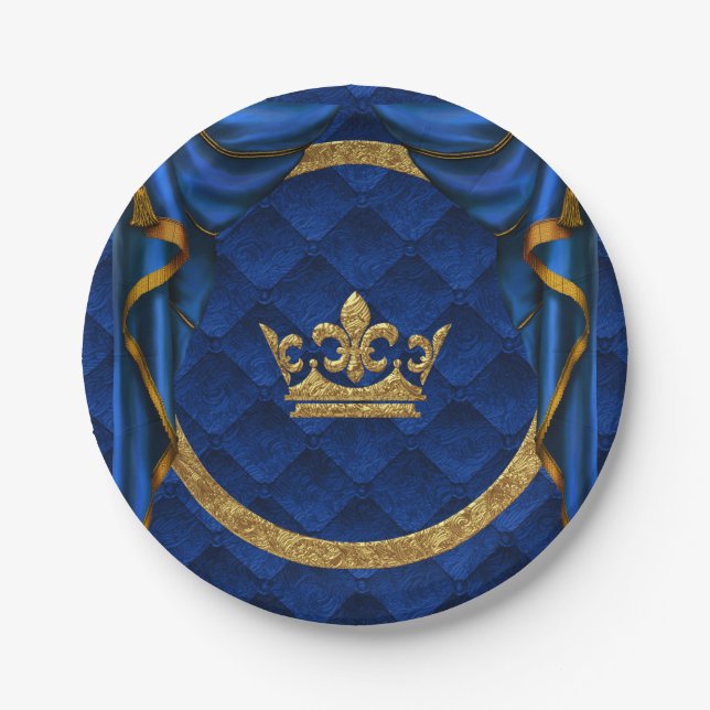 Gold & Royal Blue Crown & Drapes Birthday Party Paper Plate (Front)