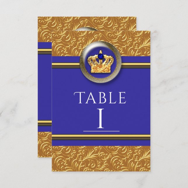 Gold & Royal Blue Crown Elegant Table Number Card (Front/Back)