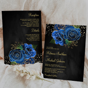 Gold Royal Blue Floral All in One Black Wedding Invitation