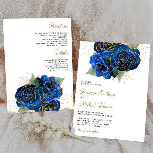 Gold Royal Blue Floral All in One Wedding Invitation