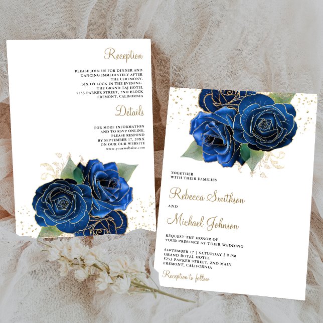 Gold Royal Blue Floral All in One Wedding Invitation (Creator Uploaded)