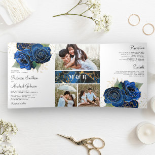 Gold Royal Blue Floral Photo Collage Wedding Tri-Fold Invitation