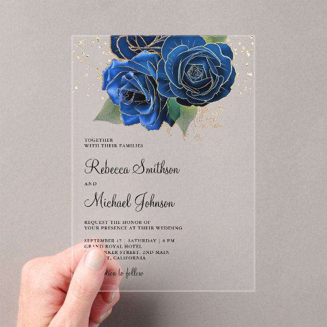 Gold Royal Blue Floral Wedding Acrylic Invitations (Insitu (Handheld))
