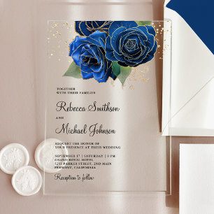 Gold Royal Blue Floral Wedding Acrylic Invitations