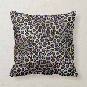 Gold & Royal Blue Glam Leopard Spots Print Cushion