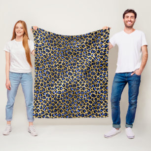 Gold & Royal Blue Glam Leopard Spots Print Fleece Blanket