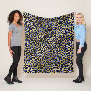 Gold & Royal Blue Glam Leopard Spots Print Fleece Blanket