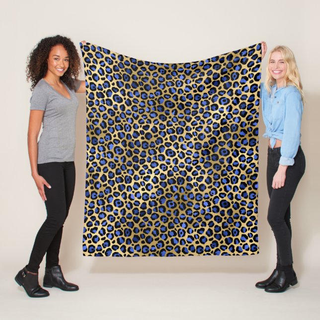 Gold & Royal Blue Glam Leopard Spots Print Fleece Blanket (In Situ)
