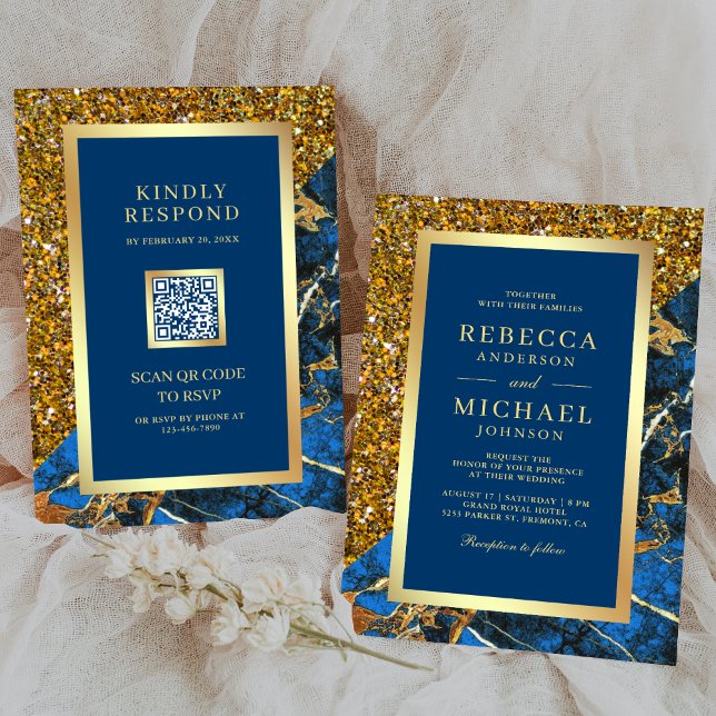 Gold Royal Blue Marble QR Code Wedding Invitation (Creator Uploaded)