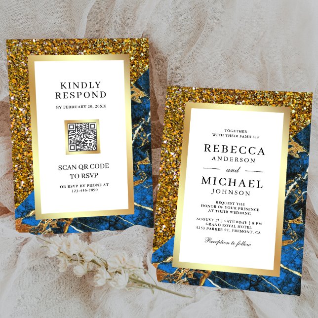 Gold Royal Blue Marble QR Code White Wedding Invitation (Creator Uploaded)
