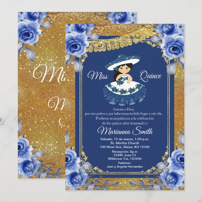 Gold Royal Blue Roses Quinceañera  Invitation (Front/Back)