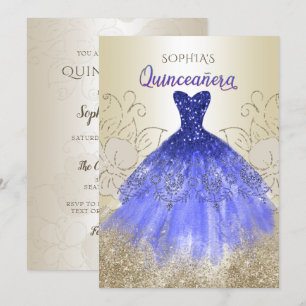 Gold Royal Blue Sparkle Dress Quinceañera Invitation