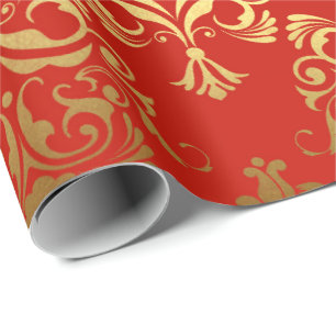 Gold Royal Damask Floral Ornament Red Antonietta Wrapping Paper
