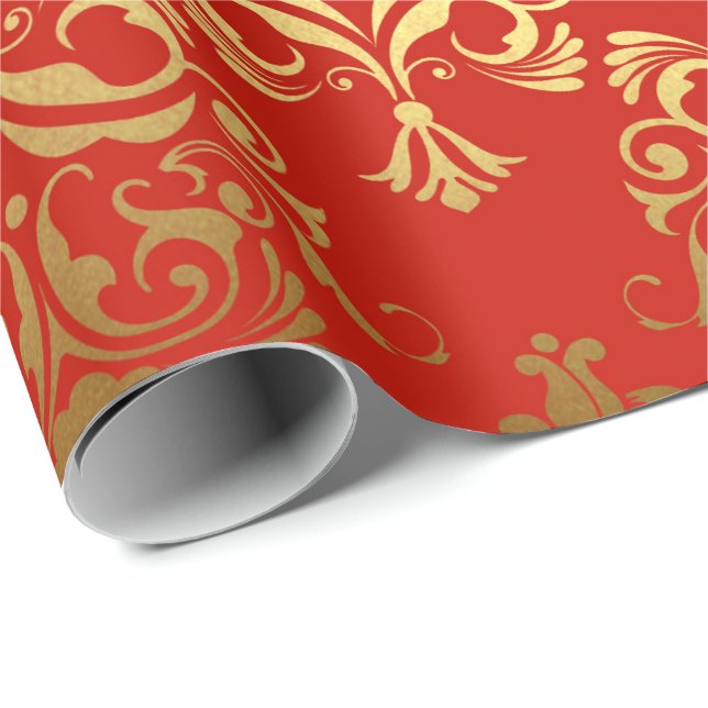 Gold Royal Damask Floral Ornament Red Antonietta Wrapping Paper (Roll Corner)