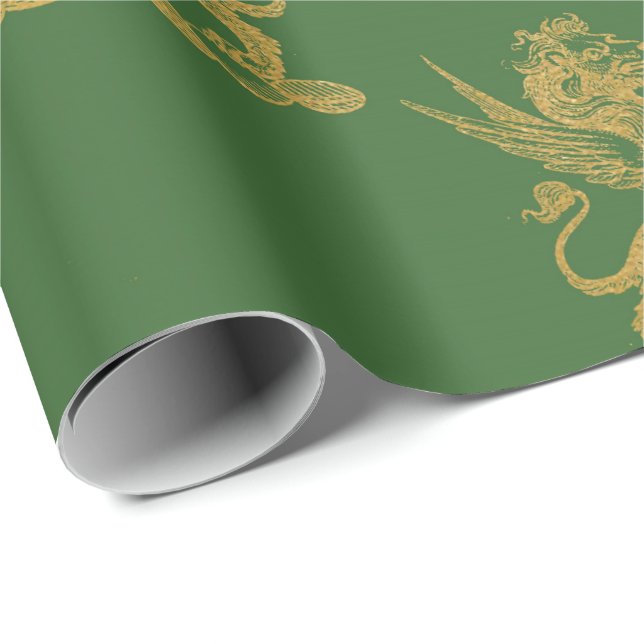 Gold Royal Lion Fairly King Green Grass Heraldic Wrapping Paper (Roll Corner)