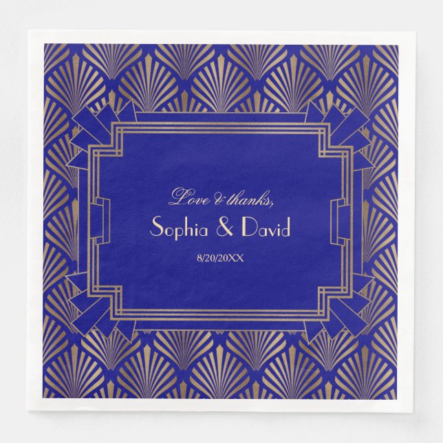 Gold Royal Navy Blue Great Gatsby Art Deco Wedding Napkin (Front)