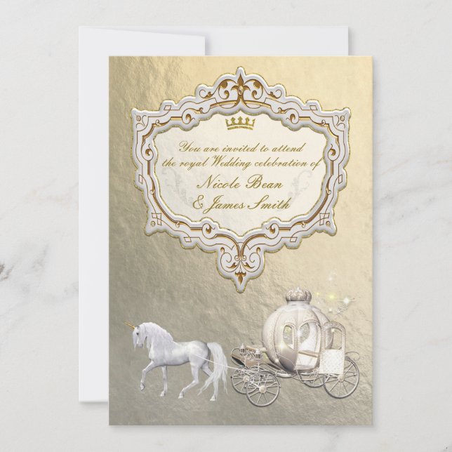Gold Royal Princess Storybook Carriage & Unicorn Invitation (Front)