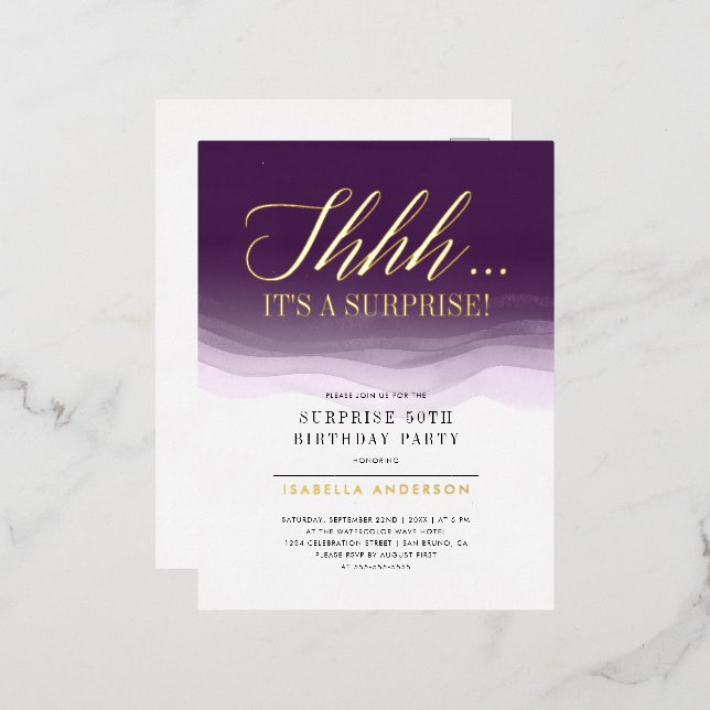 Gold & Royal Purple Watercolor Surprise Birthday Foil Invitation Postcard (Front/Back)