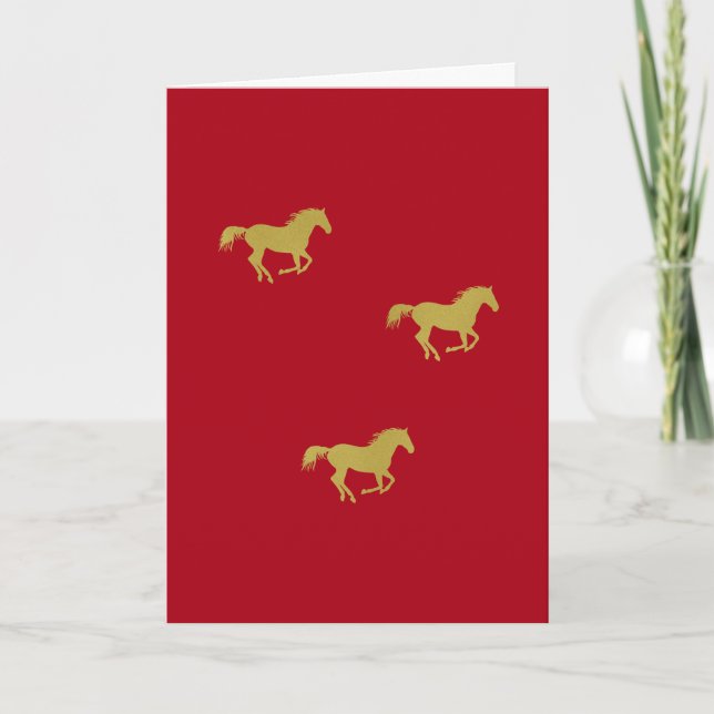 Gold Running Horses on Dark Red Holiday Card (Front)