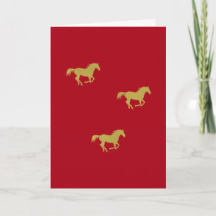 Gold Running Horses on Dark Red Holiday Card
