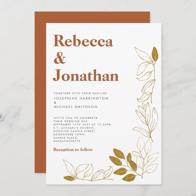 Gold Rust Leaf Terracotta Wedding Invitation (Front/Back)