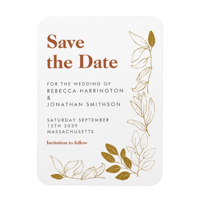 Gold Rust Leaf Terracotta Wedding Save The Date Magnet (Vertical)