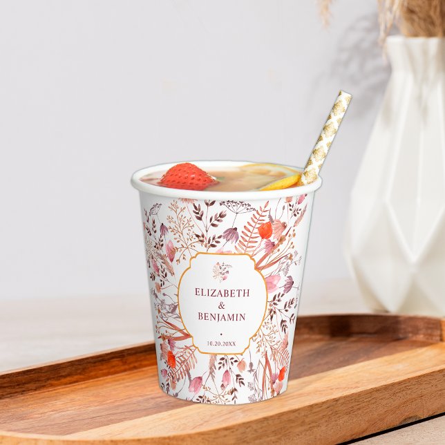 Gold Rustic Boho Chic Fall Wildflowers Wedding Paper Cups (Creator Uploaded)