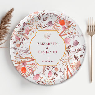 Gold Rustic Boho Chic Fall Wildflowers Wedding Paper Plate