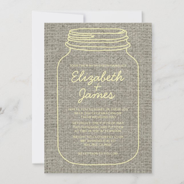 Gold Rustic Burlap Mason Jar Wedding Invitations (Front)