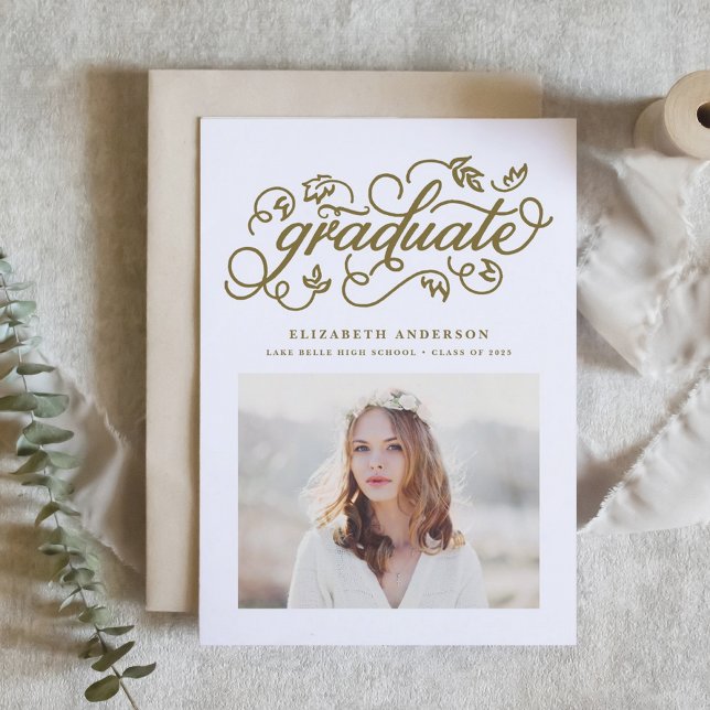 Gold Rustic Calligraphy Photo Graduation Announcement (Customizable photo graduation announcement featuring whimsical rustic calligraphy. )
