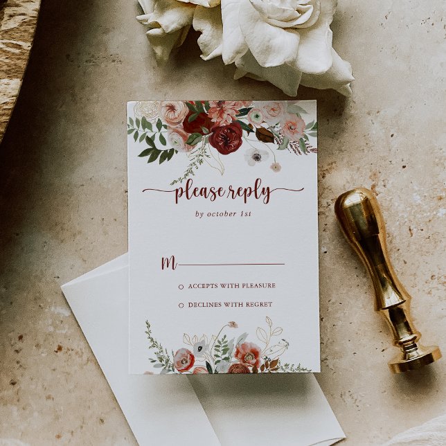 Gold Rustic Colourful Floral Calligraphy RSVP Card (Creator Uploaded)