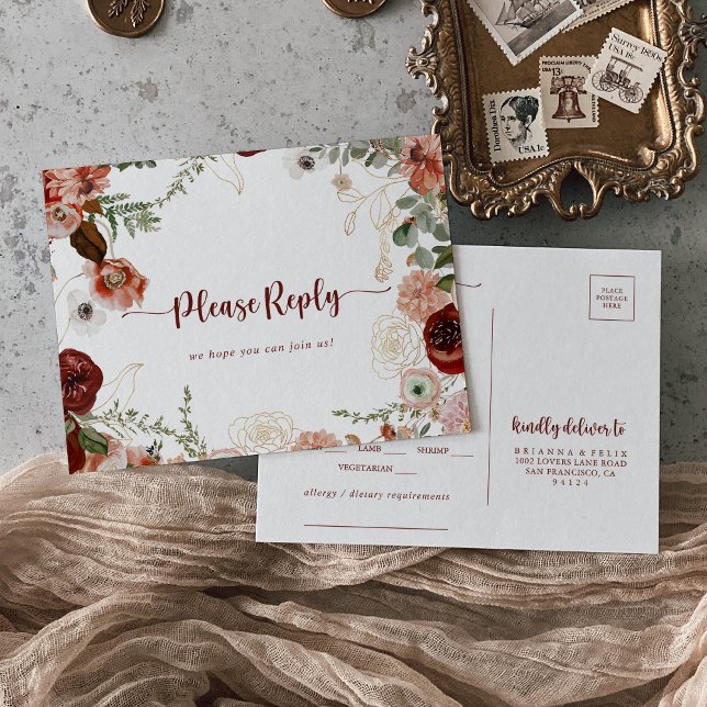 Gold Rustic Colourful Floral Menu Choice RSVP  Postcard (Creator Uploaded)